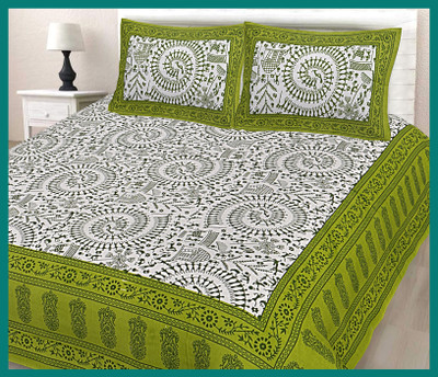 BedZone Cotton Double Flat 240 TC Jaipuri Prints Bedsheet(Pack of 1, Green)