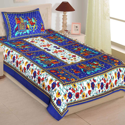 VNV Creation 180 TC Cotton Single Jaipuri Prints Flat Bedsheet(Pack of 1, Blue)