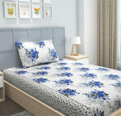 Baffi Cotton Single Flat 240 TC Printed Bedsheet(Pack of 1, White Blue, 0R)