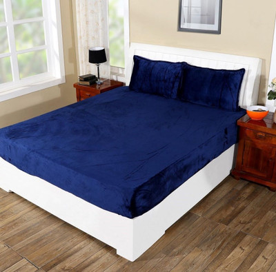 Jeeva Enterprises Velvet Double Fitted (Elastic) 220 TC Solid Bedsheet(Pack of 1, Nevy Blue)