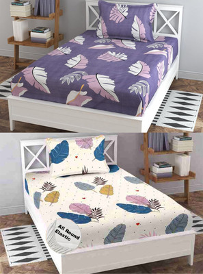 Nt@ub 210 TC Cotton Single Printed Fitted (Elastic) Bedsheet(Pack of 2, Purple Leaf, Cream Leaf)