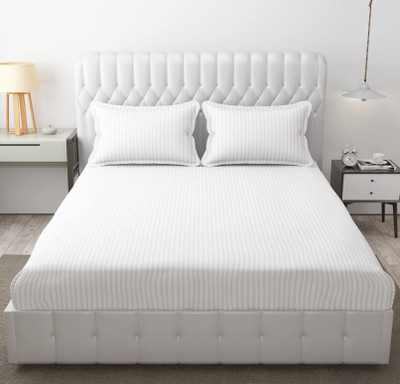 Vishal international 220 TC Cotton Double Striped Flat Bedsheet(Pack of 1, White)
