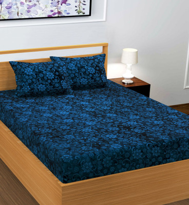 RIBUGROUP Velvet Double Fitted (Elastic) 300 TC Solid Bedsheet(Pack of 1, Blue)