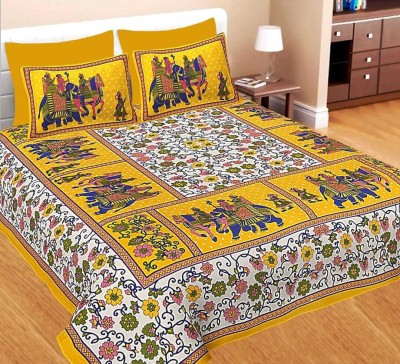 Gangaur 144 TC Cotton Double Jaipuri Prints Flat Bedsheet(Pack of 1, Yellow)