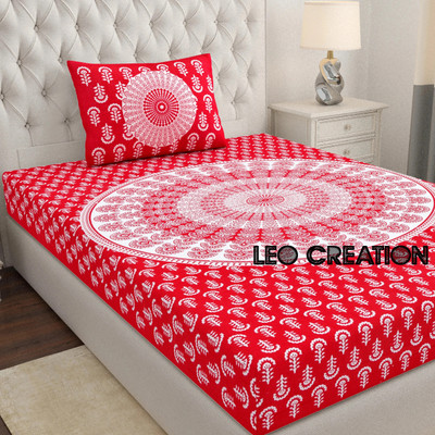 Leo Creation 144 TC Cotton Single Jaipuri Prints Flat Bedsheet(Pack of 1, Red, White)