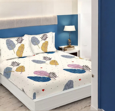 HOMYBEES 300 TC Cotton Double Abstract Fitted (Elastic) Bedsheet(Pack of 1, White)