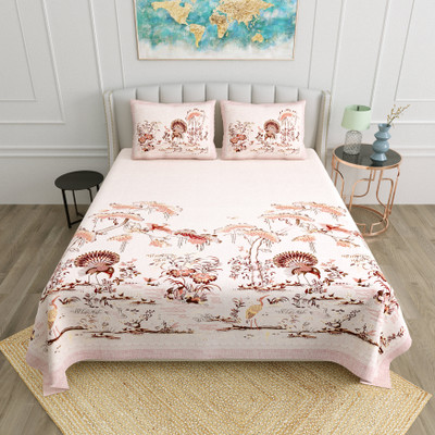 Castile Cotton Queen Flat 180 TC Printed Bedsheet(Pack of 1, Pink, Beige)