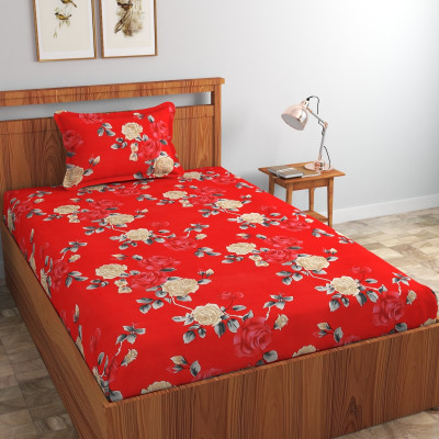 Ethe Home 280 TC Cotton Single Printed Fitted (Elastic) Bedsheet(Pack of 1, Red)