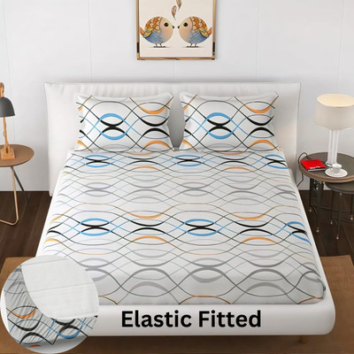 NIDIF 240 TC Polycotton Double, King 3D Printed Fitted (Elastic) Bedsheet(Pack of 1, White)