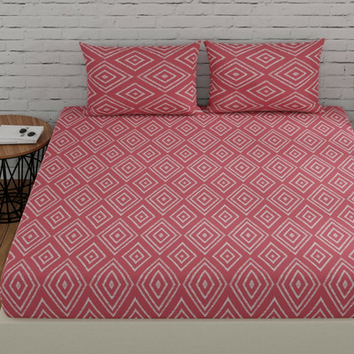 Huesland Cotton King Flat 144 TC Geometric Bedsheet(Pack of 1, Peach Pink)