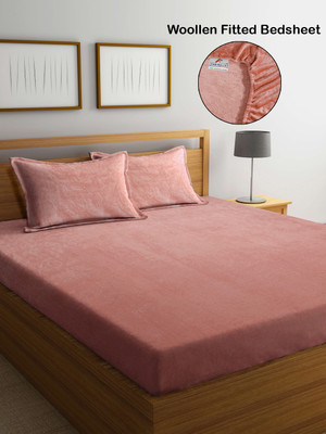 Fabinaliv Woolen King Fitted (Elastic) 300 TC Solid Bedsheet(Pack of 1, Peach)