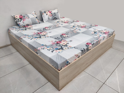 TexKing 220 TC Cotton Double Printed Fitted (Elastic) Bedsheet(Pack of 1, Grey Red, Double Bedsheet with 2 Pillow Covers)