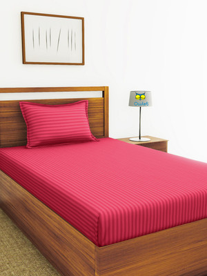 Houseofowlet Cotton Single Flat 210 TC Striped Bedsheet(Pack of 1, Rose berry)