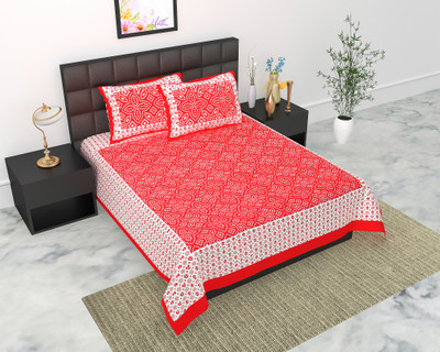 Home@shop Cotton Double Flat 144 TC Jaipuri Prints Bedsheet(Pack of 1, Red)