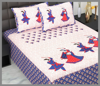 JAIPUR PRINTS Cotton Double Flat 144 TC Jaipuri Prints Bedsheet(Pack of 1, Blue)