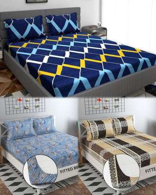 FABMARTS Cotton Queen Fitted (Elastic) 220 TC 3D Printed Bedsheet(Pack of 3, checked,designer,traditional bedsheet with matching pillow cover)