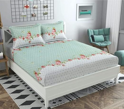 HOMETIC 320 TC Cotton Double Checkered Fitted (Elastic) Bedsheet(Pack of 1, Green)