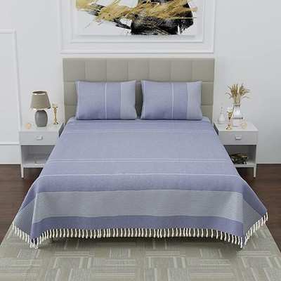 DEEPMAALA TEXTILES 210 TC Cotton Double Striped Flat Bedsheet(Pack of 1, Blue)