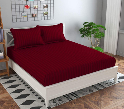 RUSTIC LINEN 144 TC Microfiber Double Striped Flat Bedsheet(Pack of 1, Maroon)