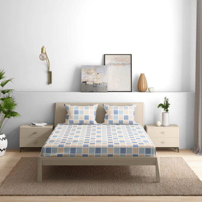 Wakefit Cotton King Fitted (Elastic) 144 TC Printed Bedsheet(Pack of 1, Chekkers)