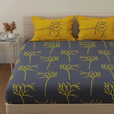 Huesland Cotton King Flat 144 TC Floral Bedsheet(Pack of 1, Grey and Yellow)