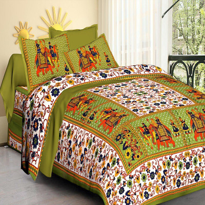 double cotton bed sheet Cotton King Flat 144 TC Jaipuri Prints Bedsheet(Pack of 1, Yellow, Green)