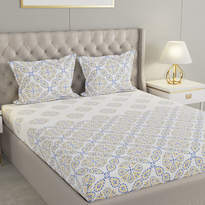 Raymond Home Cotton Super King Flat 200 TC Floral Bedsheet(Pack of 1, White & Blue)