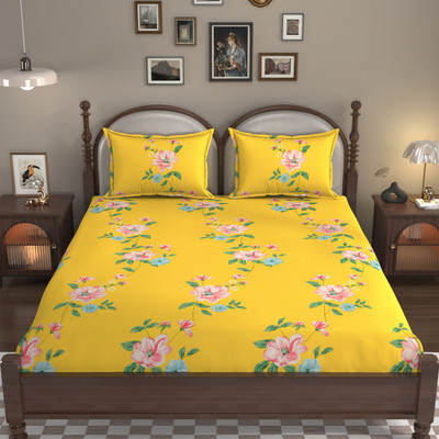 Arish handloom Cotton Double Flat 220 TC Floral Bedsheet(Pack of 1, Yellow)