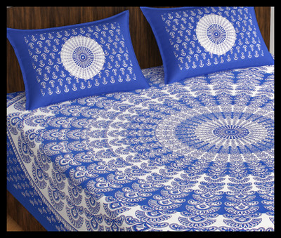 JAIPUR PRINTS Cotton Double Flat 160 TC Jaipuri Prints Bedsheet(Pack of 1, Blue)