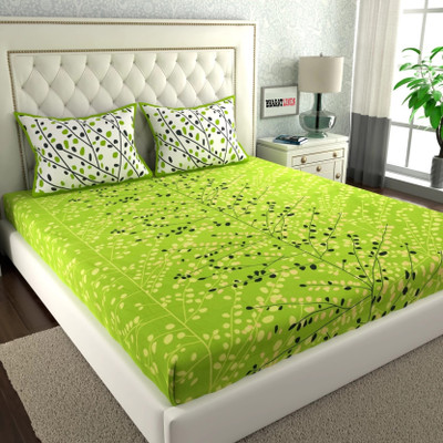 BharatLinen 163 TC Cotton Queen Jaipuri Prints Flat Bedsheet(Pack of 1, Green)