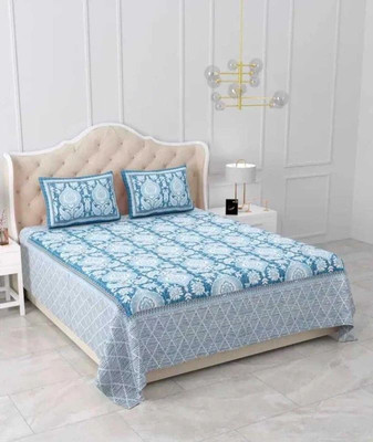 KUVAS Cotton Double Flat 220 TC Printed Bedsheet(Pack of 1, Blue)