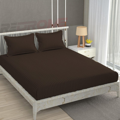 REDROME Cotton Double Flat 300 TC Striped Bedsheet(Pack of 1, Coffee)