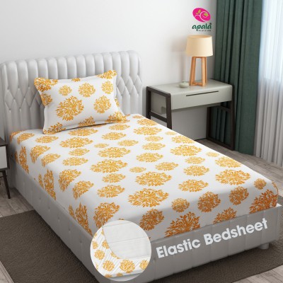 Apala 280 TC Microfiber Single Floral Fitted (Elastic) Bedsheet(Pack of 1, White (Yellow Print))