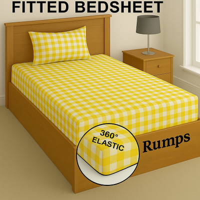 Rumps 350 TC Cotton Single Printed Fitted (Elastic) Bedsheet(Pack of 1, Yellow, White)