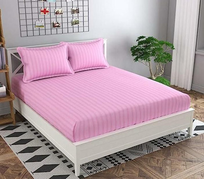DECOR2ADMIRE Cotton King Fitted (Elastic) 300 TC Striped Bedsheet(Pack of 1, Pink)