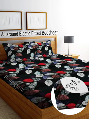 RisingStar Cotton Double Fitted (Elastic) 350 TC Striped Bedsheet(Pack of 1, FITTED_ Purple_Leaf_Multi_Double)