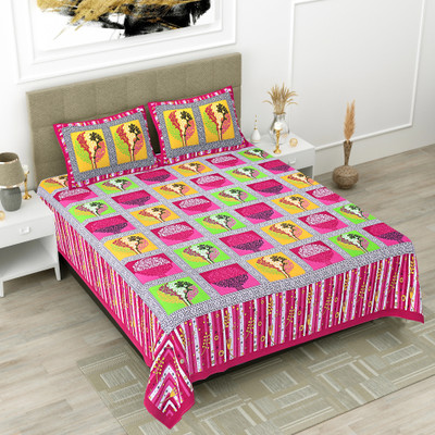 Dreamsoft 144 TC Cotton Double Jaipuri Prints Flat Bedsheet(Pack of 1, Pink)