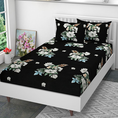 Mega Cart Home Polycotton Single Flat 200 TC Geometric Bedsheet(Pack of 1, Black Flower)