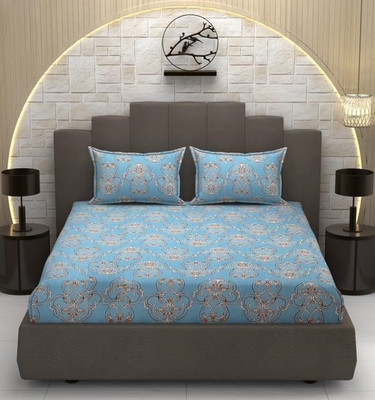 AVINYA 310 TC Cotton Single Printed Fitted (Elastic) Bedsheet(Pack of 1, Aqua Blue)