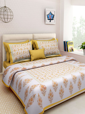 E ELMA 120 TC Cotton Double Printed Flat Bedsheet(Pack of 1, Yellow)