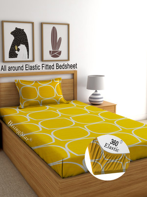 Italian Fab 250 TC Cotton Single Abstract Fitted (Elastic) Bedsheet(Pack of 1, FITTED_Yellow_Checks_SINGLE)
