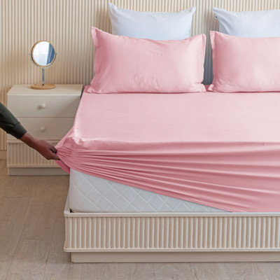 HOMEMONDE Cotton King Fitted (Elastic) 210 TC Solid Bedsheet(Pack of 1, Pink)