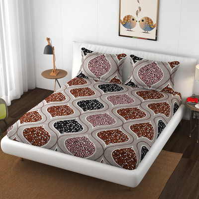 R AND K DECOR 204 TC Cotton Double Printed Fitted (Elastic) Bedsheet(Pack of 1, Beige)