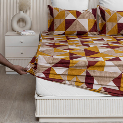 HOMEMONDE 210 TC Cotton Double Printed Fitted (Elastic) Bedsheet(Pack of 1, Red & Mustard)