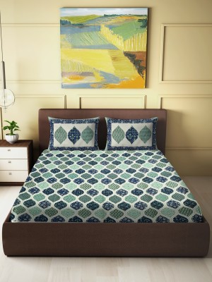 CARLTON LONDON 280 TC Cotton King Printed Flat Bedsheet(Pack of 1, Blue, Green)