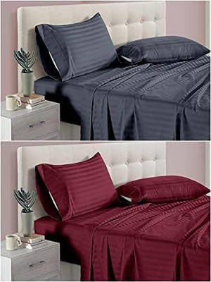 Wynk 210 TC Cotton King Striped Flat Bedsheet(Pack of 2, Grey, Maroon)