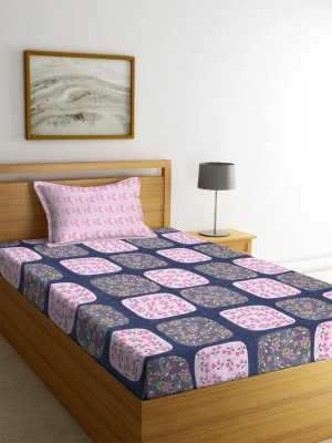 JIZZBYSTORE 210 TC Cotton Single Printed Fitted (Elastic) Bedsheet(Pack of 1, Pink Blue)