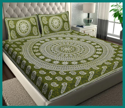 JAIPUR PRINTS Cotton Double Flat 240 TC Jaipuri Prints Bedsheet(Pack of 1, Green)
