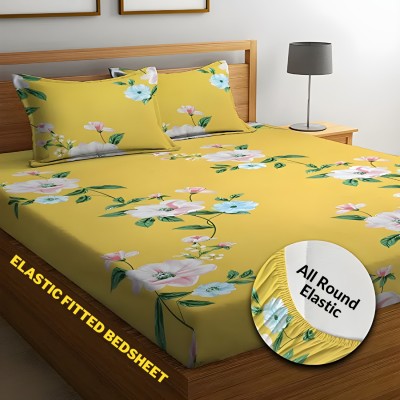 HIDECOR 250 TC Microfiber Double Floral Fitted (Elastic) Bedsheet(Pack of 1, Yellow)
