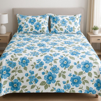 Dammn Decores Microfiber Queen Flat 200 TC 3D Printed Bedsheet(Pack of 1, WHITE SKY BLUE)